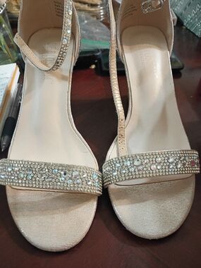 De Blossom Collection Champagne Crystal T-Strap Heels